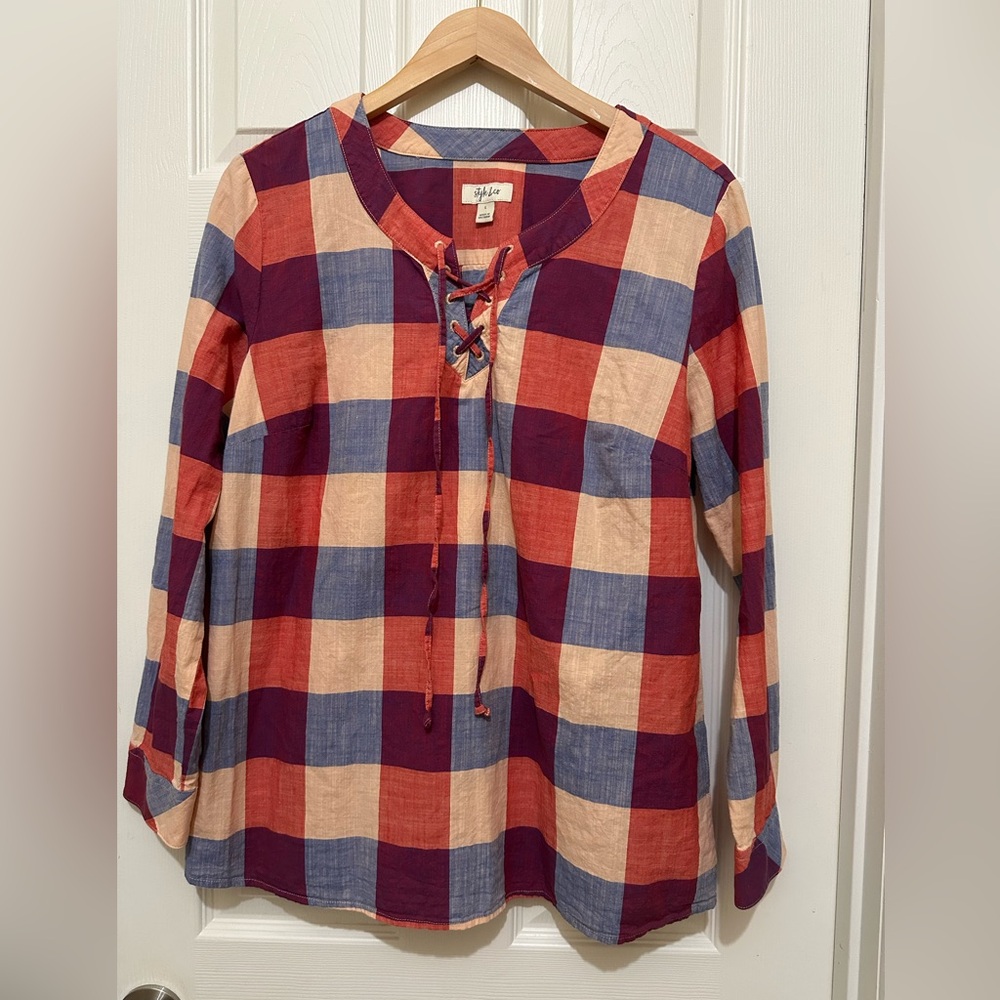 New Style & Co. Red and Blue Plaid Lace-Up Blouse NWOT